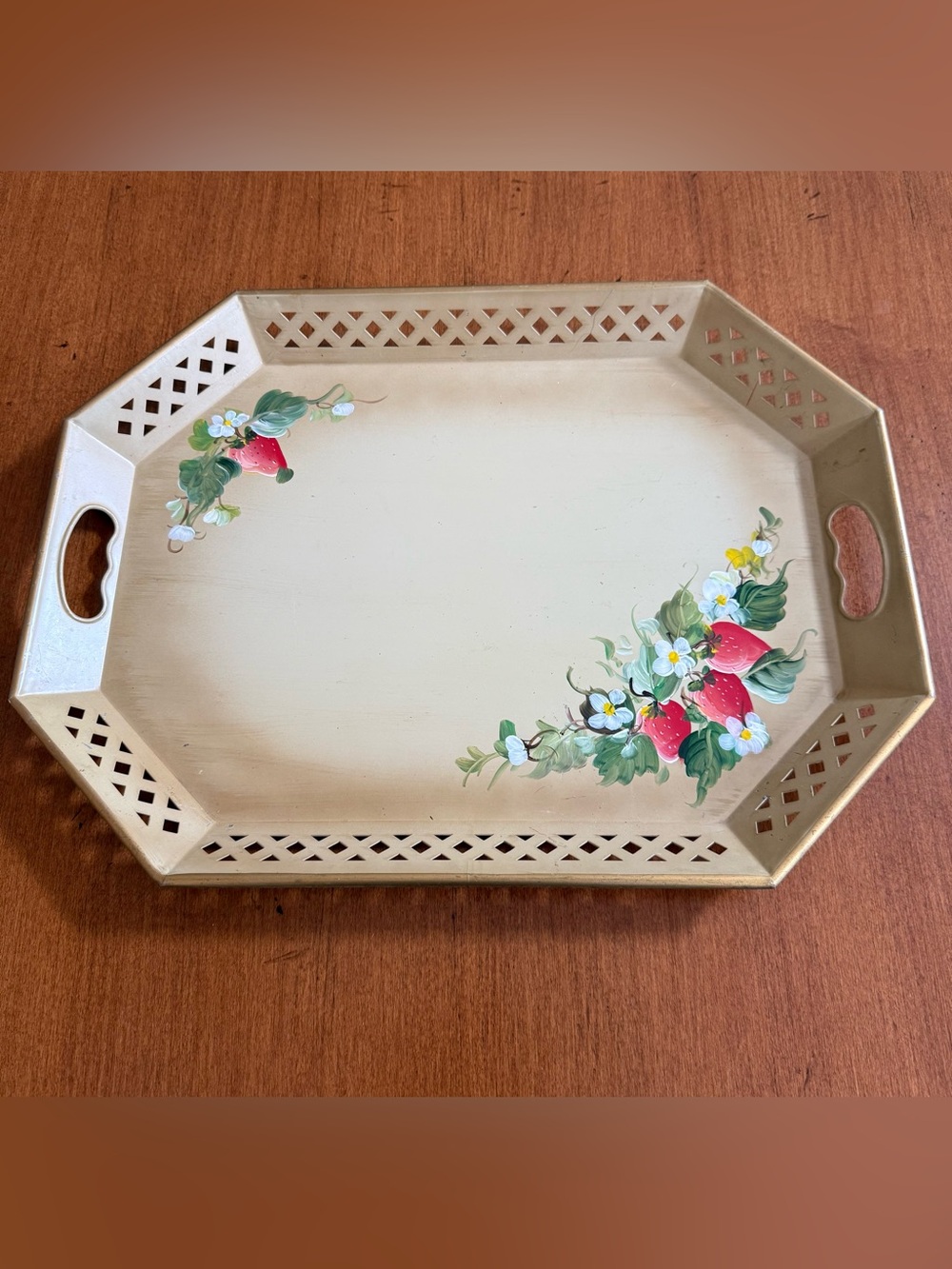 Vintage Nashco Tolware Metal Hand Painted Serving Tray with Strawberry Motif
